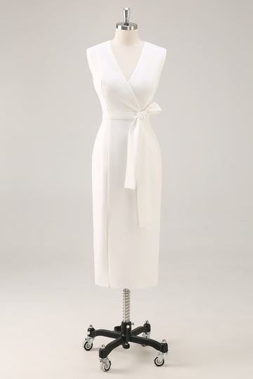 White Sheath V-Neck Formal Dress with Sash